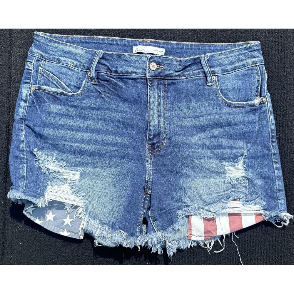 KanCan Womens 16 Blue Denim Cutoff Shorts Distressed Flag Pockets 145444